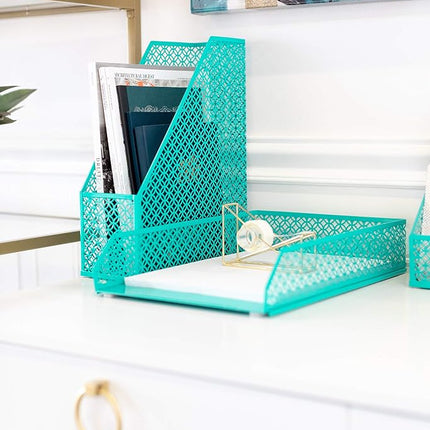 BLU MONACO | Dark Teal Desk Organizer Set | 5 Piece Metal Desk Accessories with Mail Sorter, Pen Cup, Sticky Note Holder, Magazine File, Paper Tray | Desk Organizers and Accessories