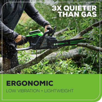 Greenworks 82V 16" Brushless (2.4 kW) Cordless Chainsaw (225 Cuts Per Charge), 4.0Ah Battery and Dual Port Rapid Charger (Great for Landscapers and Professionals