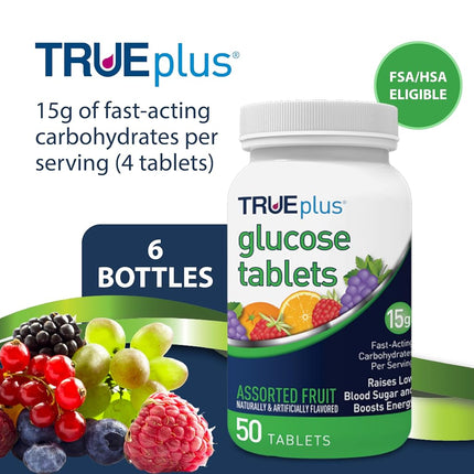 TRUEplus® Glucose Tablets, Assorted Flavor (Grape, Raspberry, Orange) - 50ct Bottle - 6 Pack