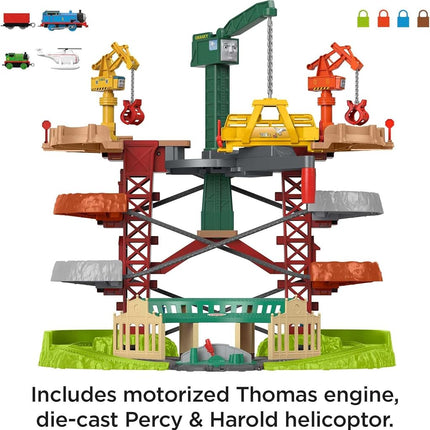Thomas & Friends Multi-Level Track Set Trains & Cranes Super Tower with Thomas & Percy Engines plus Harold for Preschool Kids Ages 3+ Years, GXH09
