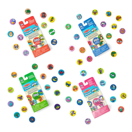 Melissa & Doug Sticker WOW! Mini bloc de actividades y pegatinas de recambio, paquete de 4: Dino, mascotas, cosas favoritas, paquete sorpresa, 200 pegatinas cada uno (800 en total) para cualquier aplicador de pegatinas (no incluido)
