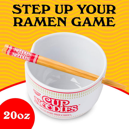 Silver Buffalo Nissin Classic Cup Noodles Logo Much More Than a Soup Ceramic Ramen Noodle Rice Bowl with Chopsticks, Microwave Safe, 20 Ounces