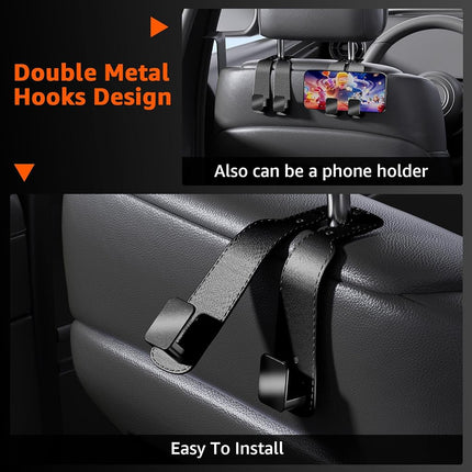 Geyrut Headrest Hooks For Car, Multifunctional Car Purse Hook Leather Car Seat Back Storage Hook Double Metal Hooks Car Hangers for Seat, Car Organizers (2 Pack, Black)