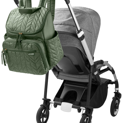 Mochila Skip Hop para pañales: Forma, bolsa de viaje multifunción para bebé con cambiador y accesorios para cochecito, salvia
