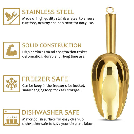 6 Ounce Ice Scoop Set of 2, E-far Gold Stainless Steel Small Scoops for Ice Cube/Candy/Flour/Sugar, Metal Utility Scoops for Canisters, Baking, Kitchen Pantry, Rust Free & Dishwasher Safe