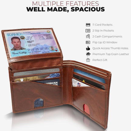 RFID Bifold Leather Wallet For Men with Flip Up ID in Vintage Buffalo Brown, With NO Logo - Forest Brown, Bifold Wallet