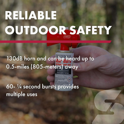 SABRE Frontiersman Bear Horn, 130dB Audible up to 1.8 km, Non-flammable and Eco-Friendly, On/Off Lock Prevents False Alarms, 60 ¼ Second Explosions, Bear Spray Companion, Designed and