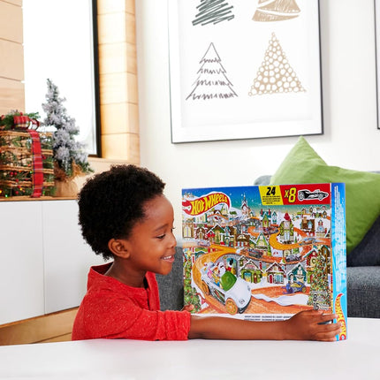 Hot Wheels Advent Calendar, 8 Hot Wheels Cars and 16 Winter-Themed Accessories behind 24 Numbered Doors Plus a Playmat, For Kids & Hot Wheels Fans, HKL74