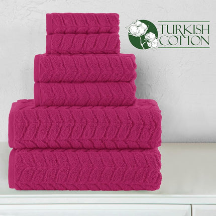 Elegant Comfort Luxury 6-Piece 100% Turkish Cotton Jacquard Braided Textured Premium Hotel Quality Towel Set– Soft and Absorbent, Includes 2 Bath Towels, 2 Hand Towels and 2 Washcloths, Hot Pink