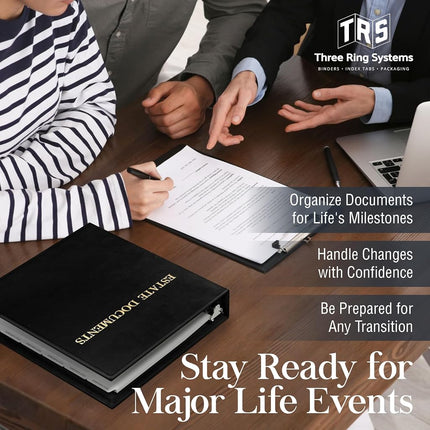 TRS Estate Planning Binder Kit – Pre-Labeled Tabs, Sheet Protectors | 1.5" D-Ring Stitched Faux Leather Organizer for Wills, Trusts, Power of Attorney & End-of-Life Planning | Gold on Black