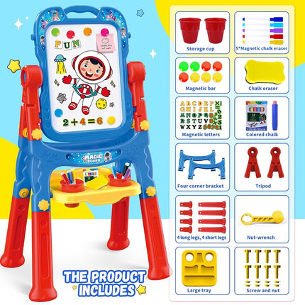 Art Easel for Kids - Adjustable Double-Sided Rotatable Magnetic White Board with Painting Accessories, Preschool Learning Toy for Boys 3-5 Years Old (Blue)