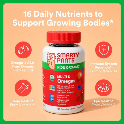 SmartyPants Organic Kids Multivitamin Gummies: Omega 3 (ALA), Vitamin D3, C, Vitamin B12, B6, A, K & Zinc for Immune Support, Biotin, Vegetarian, Three Fruit Flavors, 120 Count (30 Day Supply)