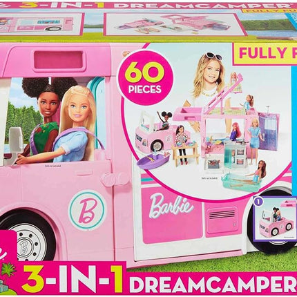 Barbie 3-in-1 DreamCamper Vehicle, Approx. 3-ft, Transforming Camper with Pool, Truck, Boat and 60 Accessories, Makes a Great 3 to 7 Year Olds