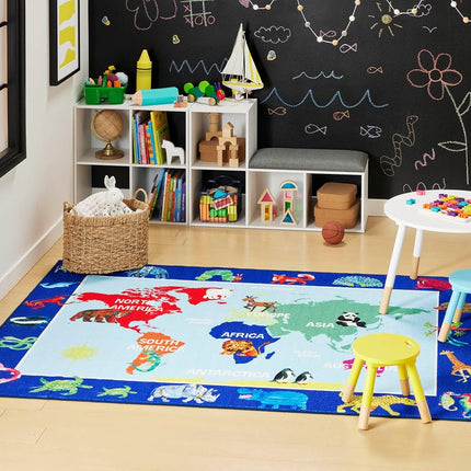 Alfombra Home Dynamix Eric Carle Elementary World Map, 6'6"x9'5", Gráfico/Estampado Mapa Mundial Azul/Verde/Rojo