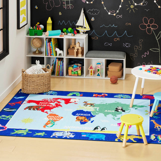 Home Dynamix Eric Carle Elementary World Map Area Rug 6'6"x9'5", Graphic/Print World Map Blue/Green/Red