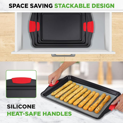 NutriChef Baking Tray Set 3 Piece Non Stick Baking Trays for Oven Carbon Steel Baking Sheets Small Medium Large Oven Trays with Silicone Handles Stackable Bakeware for Cookies Cakes Roasting