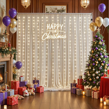 Ivory Sheer Backdrop Curtains with Lights String for Parites Wedding 10×8ft Tulle Backdrop Curtains for Baby Shower Birthday Party Bridal Shower Christmas Photo Shoot Background Decorations