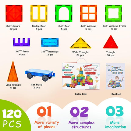 cossy 120PCS Magnetic Tiles, 3D Magnetic Building Blocks with 2 Car Bases, STEM Magnet Toys for Kids, Building Construction Toy, Learning Educational Construction Toys for 3+ Year Boys & Girls