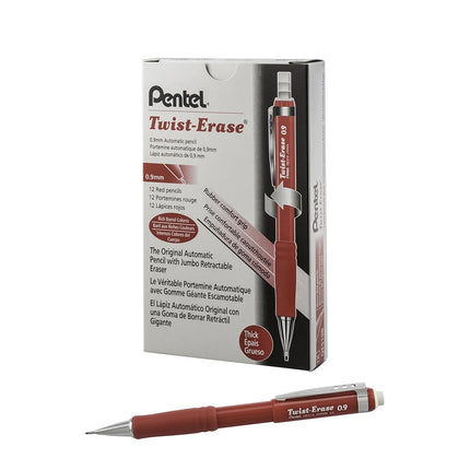 Portaminas Pentel Twist-Erase III, paquete de 12, 0.9 mm, cuerpo rojo (QE519B)