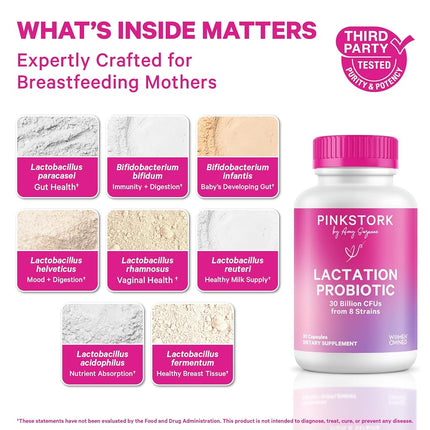 Pink Stork Total Lactation Probiotic: Nursing Probiotic for Women + 10 Billion CFU for Immune Health + Digestion + Gut Health + Breastfeeding + Colic Relief for Newborns, Women-Owned, 30 Capsules