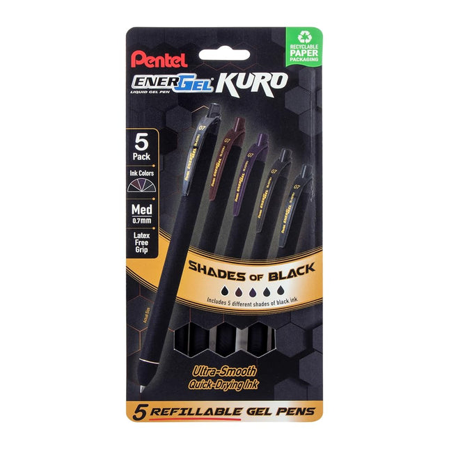 Pentel EnerGel Kuro Retractable Liquid Gel Pen, Shades of Black, 0.7mm tip, Assorted black ink, Pack of 5 pens (BL437PF5MA)