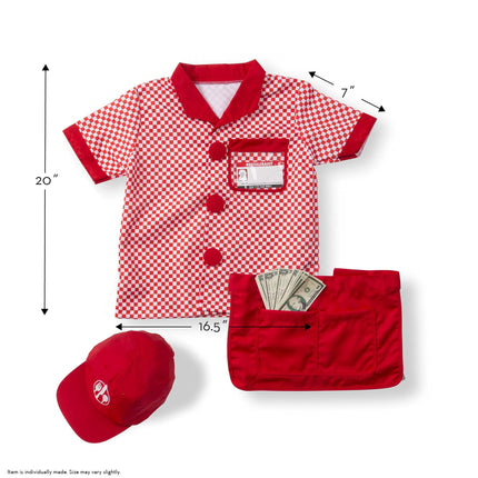 Melissa & Doug Set de disfraz de camarero para juego de rol – Incluye camisa, delantal, gorra, etiqueta de nombre y más – Juego de disfraces de personajes (set de 8 piezas) – Artículo #148009