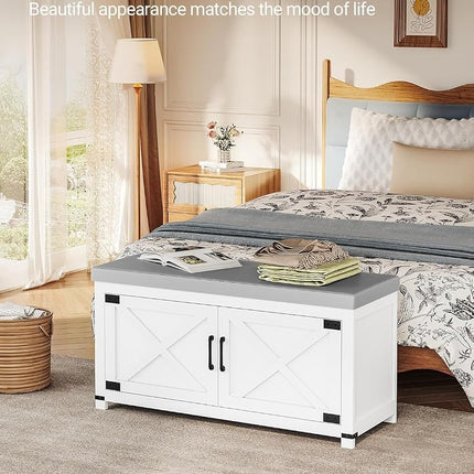 Hzuaneri Shoe Storage Bench, Soft Padded Seat Cushion & 2 Barn Doors White