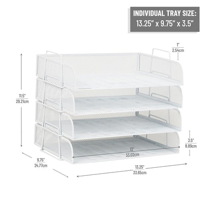 Mind Reader Stackable Paper Tray, Desktop Organizer, File Storage, Office, Metal Mesh, 14" L x 9.75" W x 11.25" H, 4 Pcs., White