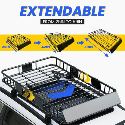 ECOTRIC 67" x 39" x 5.1'' Universal Roof Rack Cargo Carrier Basket with Extension Heavy Duty Steel Car SUV Top Luggage Storage Holder Basket for Travel 550LBS Weight Capacity
