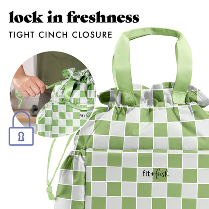 Fit & Fresh Cromwell Drawstring Lunch Bag for Women, Complete Lunch Set with 2 Containers, Stain-Resistant, Leak-Resistant, Back to School Essential, Teacher Lunchbox, Pistachio Checker Board