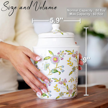 25DOL 60 Ounce Kitchen Ceramic Canister with Lid - Large Air Tight Coffee Grounds Container with Elegant Floral Pattern - Great Airtight Flour Jar, Tea Canister & Cute Cookie Jar