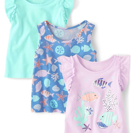 The Children's Place Blusas sin mangas con volantes para bebé y niña, paquete de 3, peces, 5T