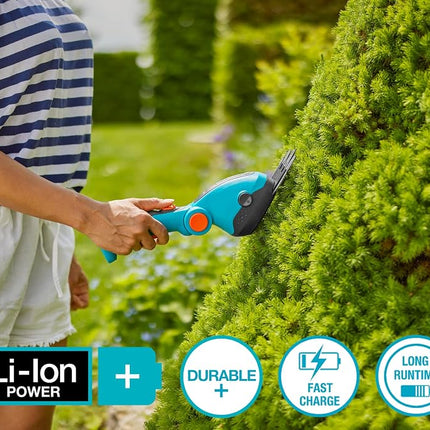 GARDENA (09887) Cordless Hedge Trimmer and Grass Shears, Electric Garden Tools for Battery Trimming of Lawn Edges, Shrubs, and Bushes. Handheld with 80 Min Runtime.