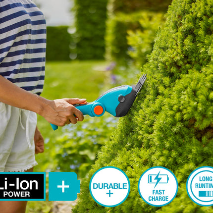 GARDENA (09887) Cortasetos y Tijeras para Césped Inalámbricos, Herramientas Eléctricas de Jardín para Recortar Bordes de Césped, Arbustos y Matorrales con Batería. De Mano con 80 Minutos de Autonomía.