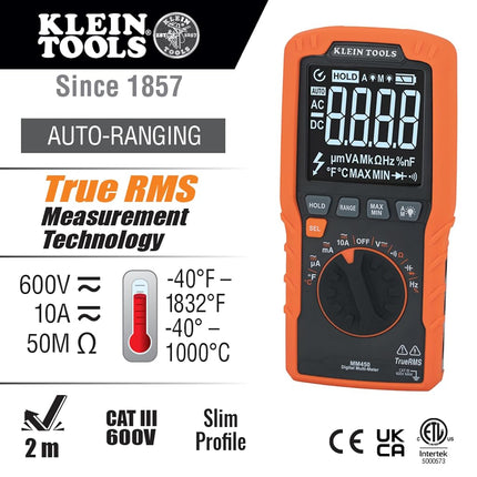 Klein Tools MM450 Multimeter, Slim Digital Meter, Auto-Ranging TRMS, 600V AC/DC Voltage, Current, Resistance, Temp, Frequency, Continuity, Orange