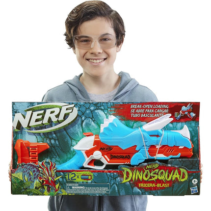 NERF DinoSquad Tricera-Blast Dart Blaster, Break-Open 3-Dart Loading, 12 Official Darts, Dart Storage, Triceratops Dinosaur Design