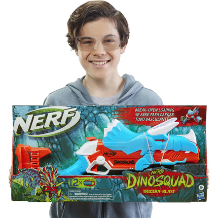 NERF DinoSquad Tricera-Blast Dart Blaster, Break-Open 3-Dart Loading, 12 Official Darts, Dart Storage, Triceratops Dinosaur Design