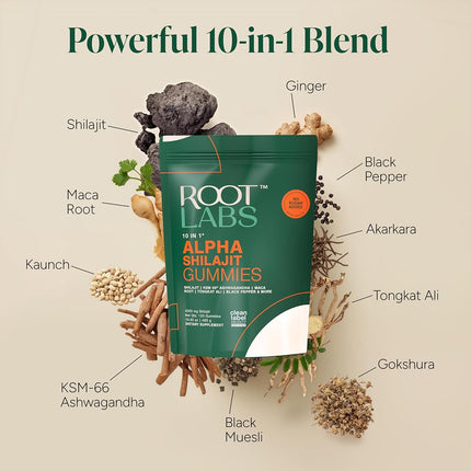 ROOT LABS 10-in-1 Alpha Shilajit Gummies | 4000 mg Pure Himalayan Shilajit, Tongkat Ali, Maca Root, 75% Fulvic Acid | ShilAbsorb Bioavailability Tech | Sugar-Free Vegan, 85+ Trace Minerals | 120 Pack