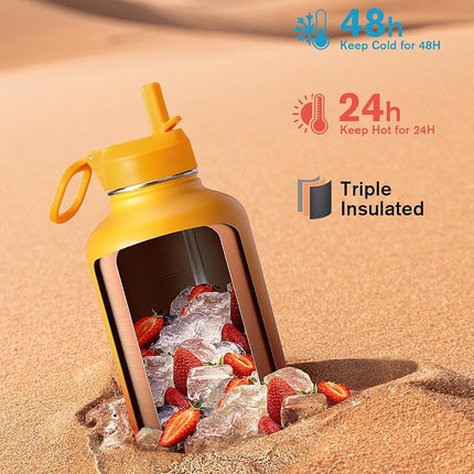 Water Bottle 40 oz Insulated with Straw&Brush, Coolflask Vaccum Stainless Steel Metal 3 Lids Water Flask for Sports, Gym or Office, Keep Cold 48H Hot 24H, Ombre Yellow/Orange