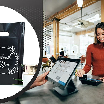 100 Thank You Bags for Business Small Black Color 1.5Mil Merchandise Bags 23cm x 30cm (9”x12”) Extra Thick Glossy Black Retail Bags and Thank You Bags with Handles