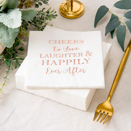 LIUNOVIP Crisky 100 Pcs Bridal Shower Napkins Disposable Cocktail Napkins 3-Ply Rose Gold Foil Text Beverage Napkins for Engagement Party Decorations & Wedding Shower