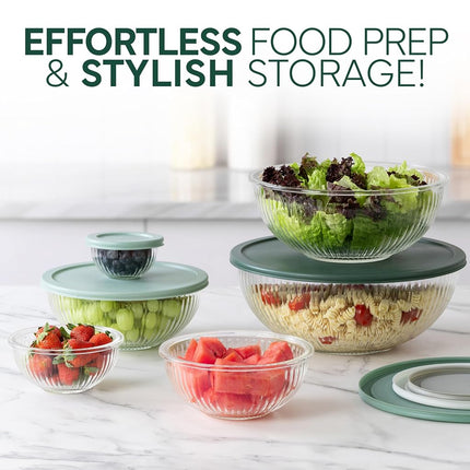 Cook with Color 12 Pc Glass Mixing Bowl Set with Lids – Borosilicate Glass Nesting Bowls for Cooking, Baking and Meal Prep, Fluted Sage