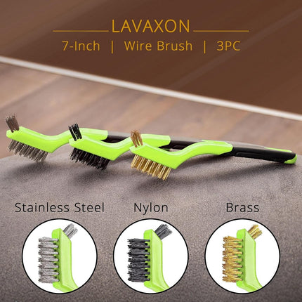 Lavaxon Wire Brush Set 3Pcs - Nylon/Brass/Stainless Steel Bristles with Curved Handle Grip for Rust, Dirt & Paint Scrubbing with Deep Cleaning – 7 Inches (Green)