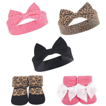 Hudson Baby baby-girls Headband and Socks Set, Leopard, 0-9 Month