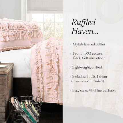 Lush Decor 2 Piece Ruffled Quilt Bedding Set, Cotton, Pink Blush, Twin