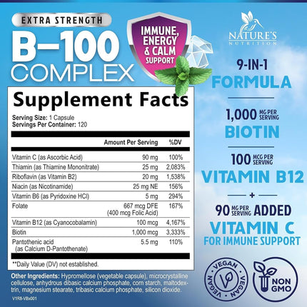 Vitamin B Complex - All B Vitamins Including B12, B1, B2, B3, B5, B6, B7, B9, Folic Acid - Natural Energy Support - High Absorption Vitamin B Supplement - 120 Capsules