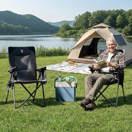 EVER ADVANCED Luxury Camping Chair Folding for Adults Heavy Duty 350lbs, Garden Chair Reclining Padded with Cup Holder Side Pocket, Foldable with 4-Position Adjustable Back, Grey
