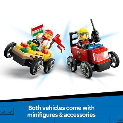 LEGO City Pizza vs. Fire Truck Race Car Pack Toy - Soapbox Car Toys for 5+ Year Old Boys & Girls - Fun Holiday or Birthday Gifts - Vehicle Set Includes 2 Minifigures - 60458