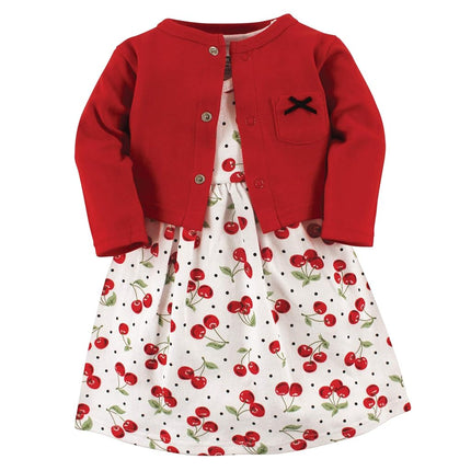 Hudson Baby Girls' Cotton Dress and Cardigan Set, Cherries, 3T