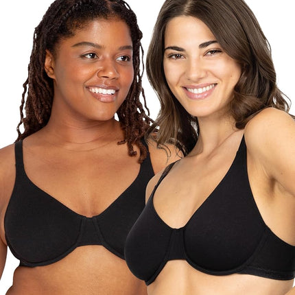 Fruit of The Loom Women's Unlined Underwire Bra-Cotton & Spandex Blend for Natural Shape and Flexibility, Black Hue/Black Hue, 34DD